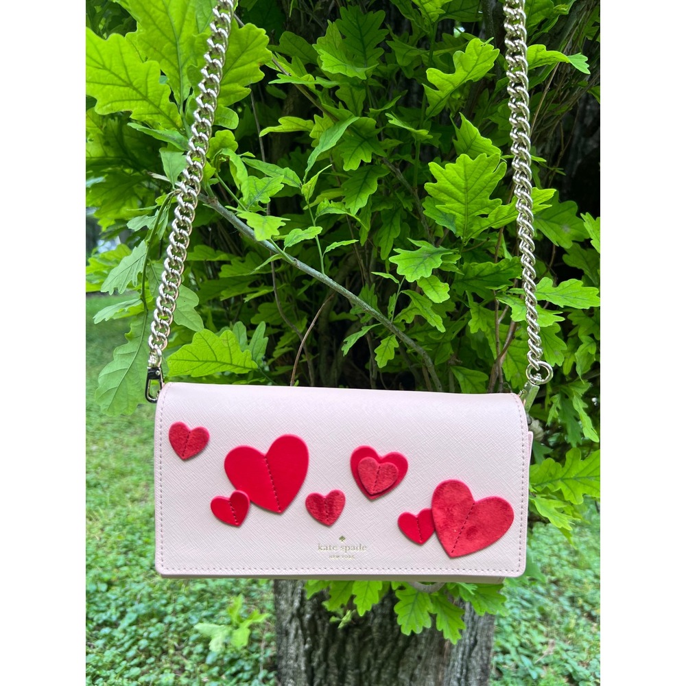 Kate Spade Crossbody Clutch Women Small Pink Heart Applique Chain Strap - Picture 1 of 8
